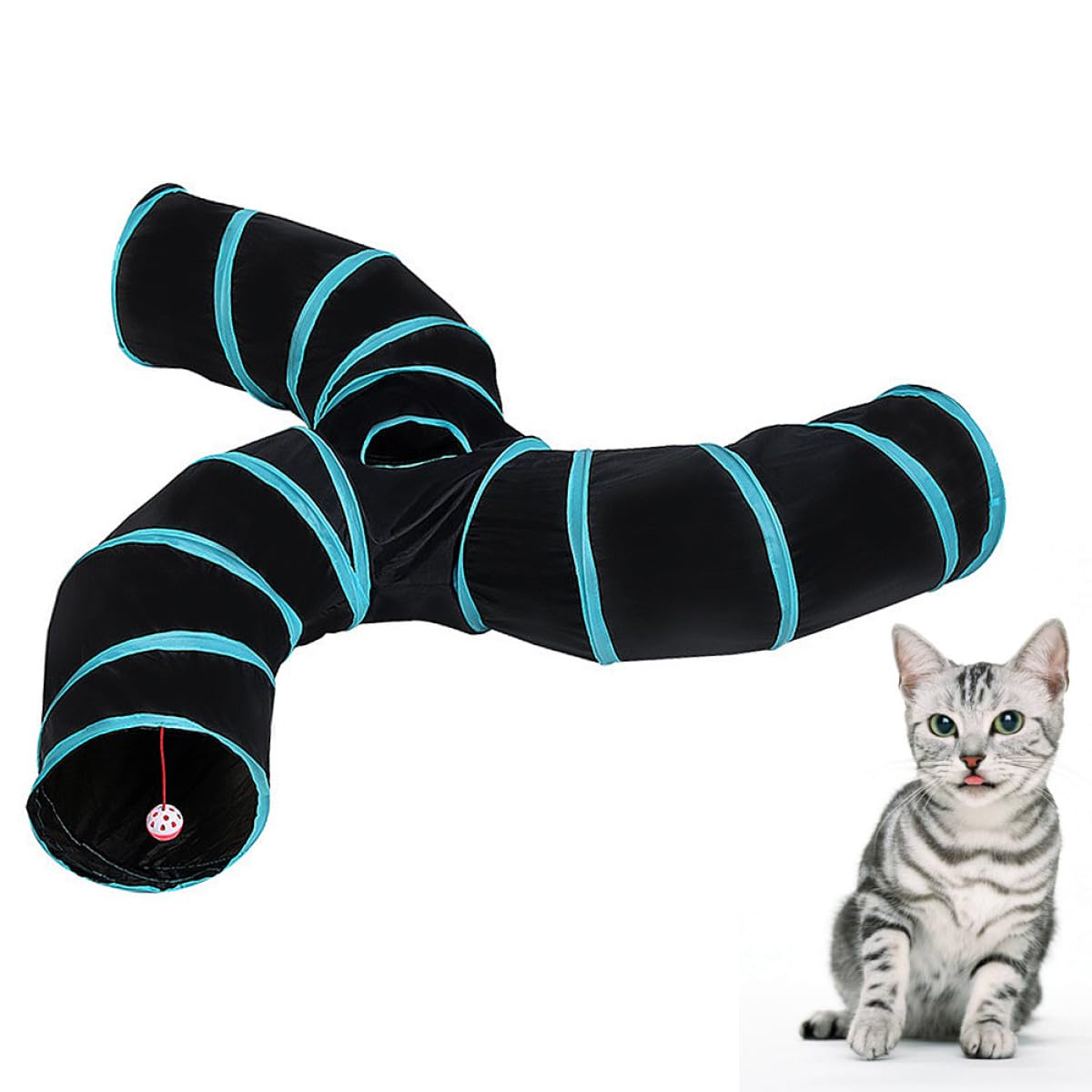 SHINEOFI Juguete para Gatos Túnel de Poliéster Negro Diseño de Tres Túneles en Forma de S, Portátil y Divertido para Jugar en Suministros para Mascotas