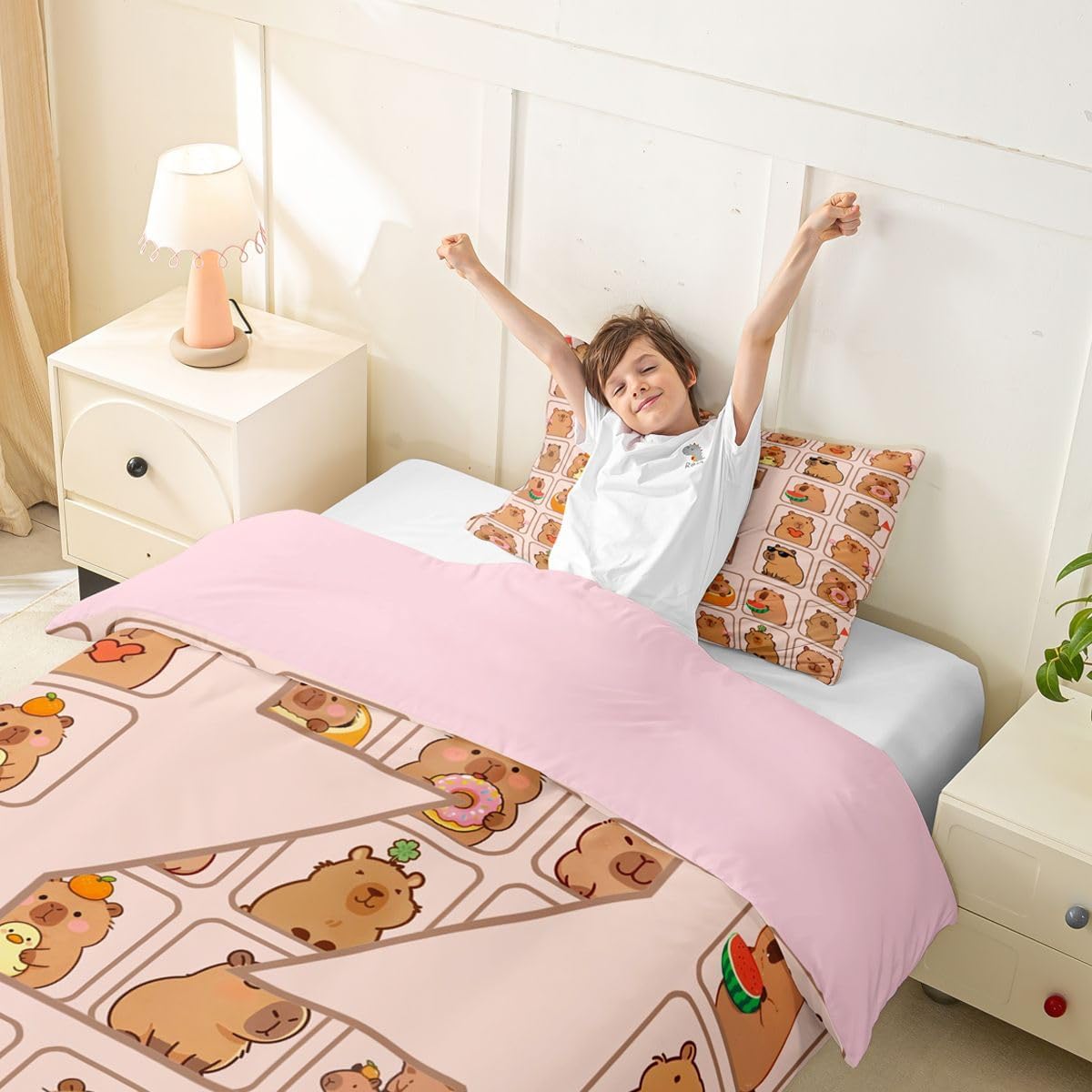 Erosebridal Capybaras Duvet Cover Toddler Size Letter Z Bedding Set for Kids Boys Girls Diverse Kawaii Cartoon Capybara Cool Comforter Cover Oranges Watermelons Donuts Bedclothes