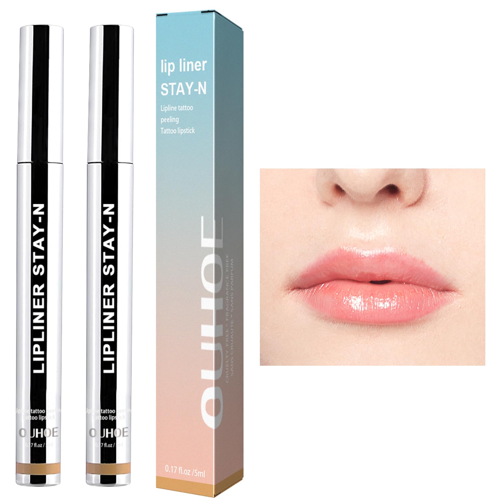 Kaluofan 2 delineadores de labios extraíbles, resistentes al agua, delineador de labios líquido, para pelar, que no disminuye el color de los labios (marrón claro)