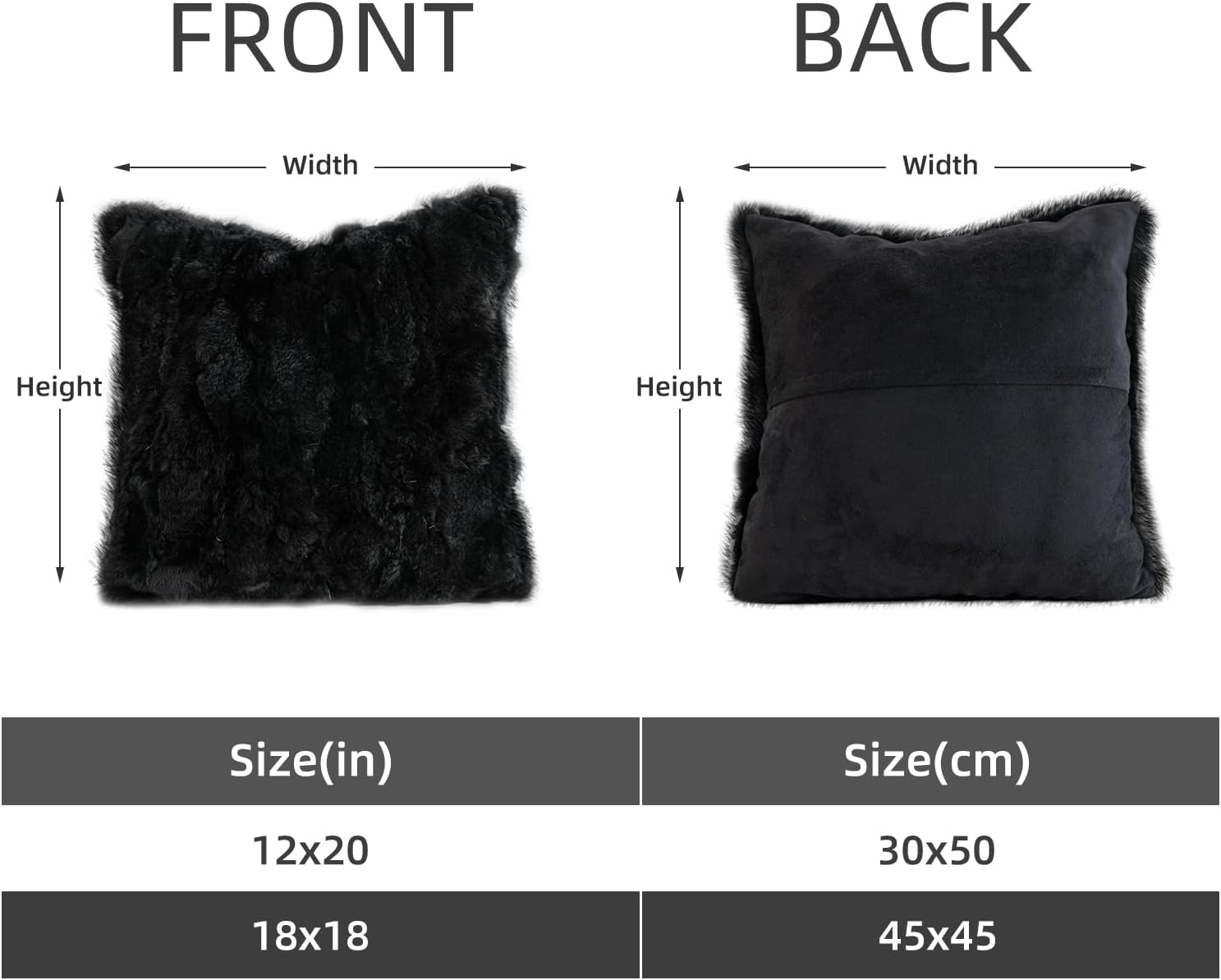 MOOX Rabbit Fur Throw Pillow Covers Decorative Fluffy Soft Fuzzy Plush Luxury Genuine Animal Skin Lumbar Pillow 18"x18" Cushion Cover, Couch-Black