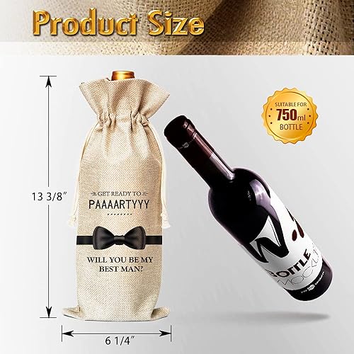 Miniatura 2 de Muruseni Best Man Proposal Gifts - Bolsas para botellas de vino, Will You Be My Best Man, bolsas de vino de lino de algodón con cordón (1 unidad)