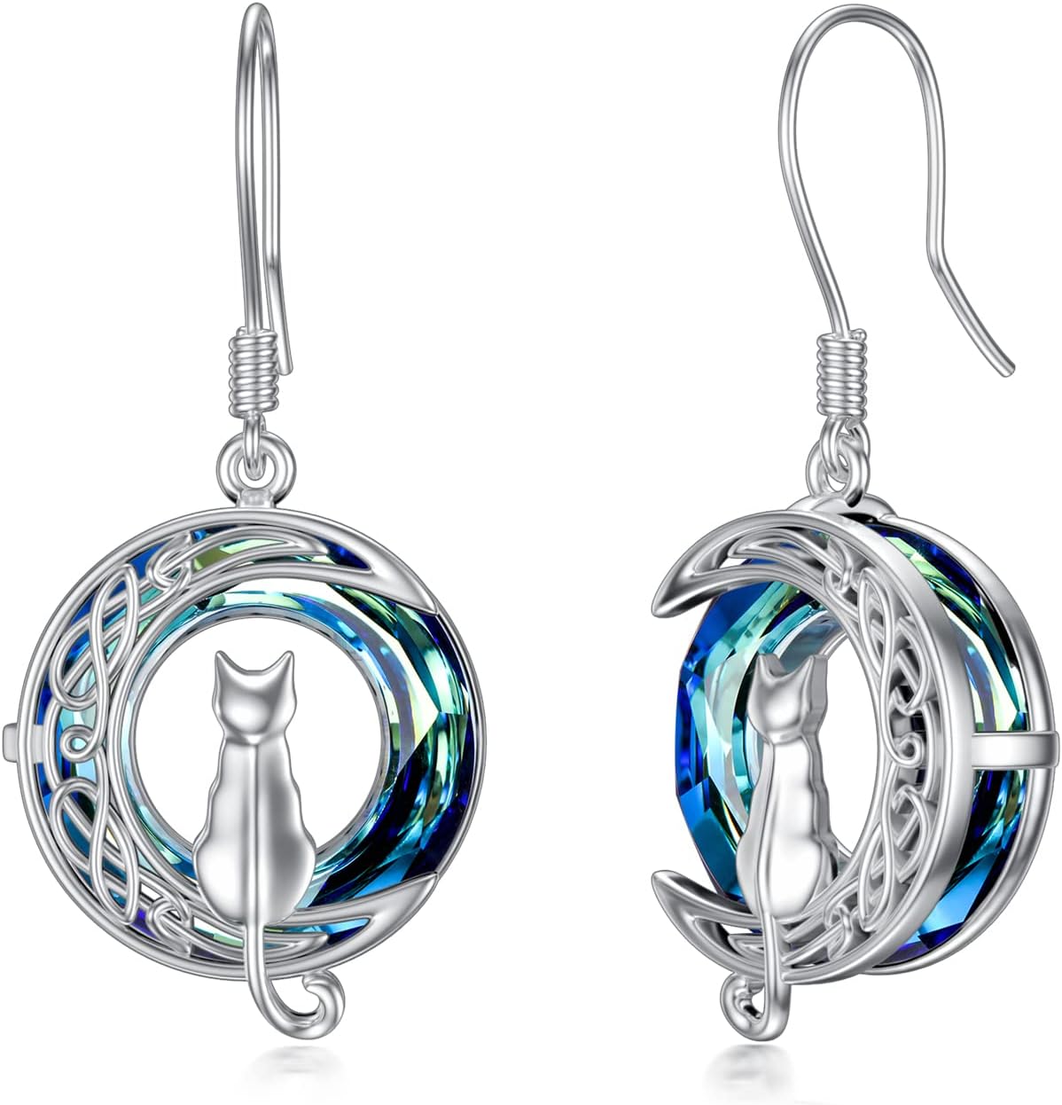 TOUPOP Cat on the Moon Earrings Sterling Silze Cut Animal Cat Dangel Drop Earrings with Circle Crystal Christmas Valentines Birthday Mothers Day Jewelry Gifts for Women Cat Lovers