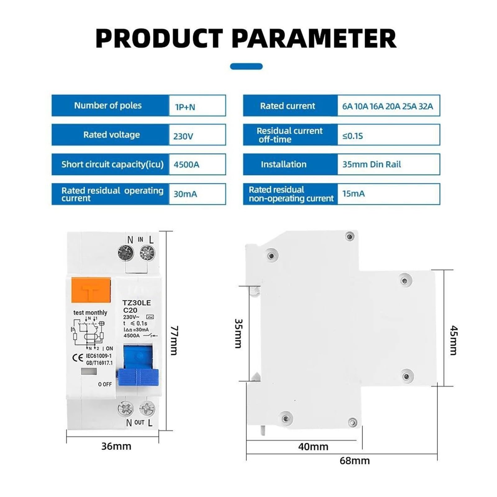 Interruttore differenziale 1P+N DZ30LE EPNL Protezione da sovracorrente e cortocircuito RCCB RCD 32A(10A)