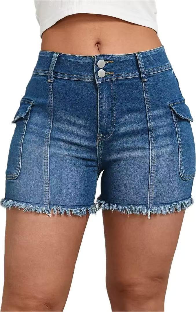 Women High Waist Slim Fit Jean Shorts Casual Streetwear Summer Denim Shorts with 2-Button Closure & Distressed Hem
