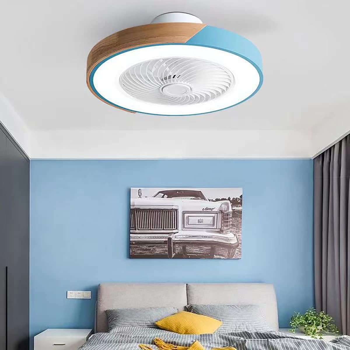 YUEGOO Ultra-Thin Round Ceiling Fan with Light and Remote Control Dimmable 3 Speed Silent Ceiling Fan Light for Bedroom Living Room/Blue