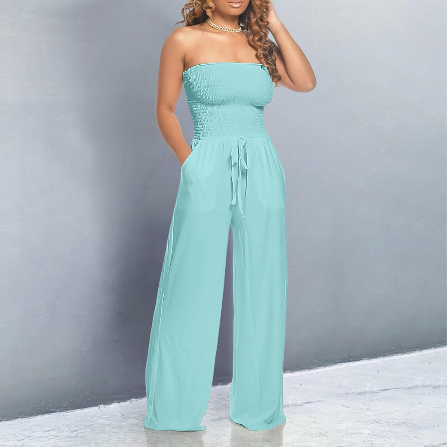 Strapless Rompers For Women Casual Summer Sleeveless Belted Wide Leg Jumpsuits Loose Tube Top Romper With Pockets