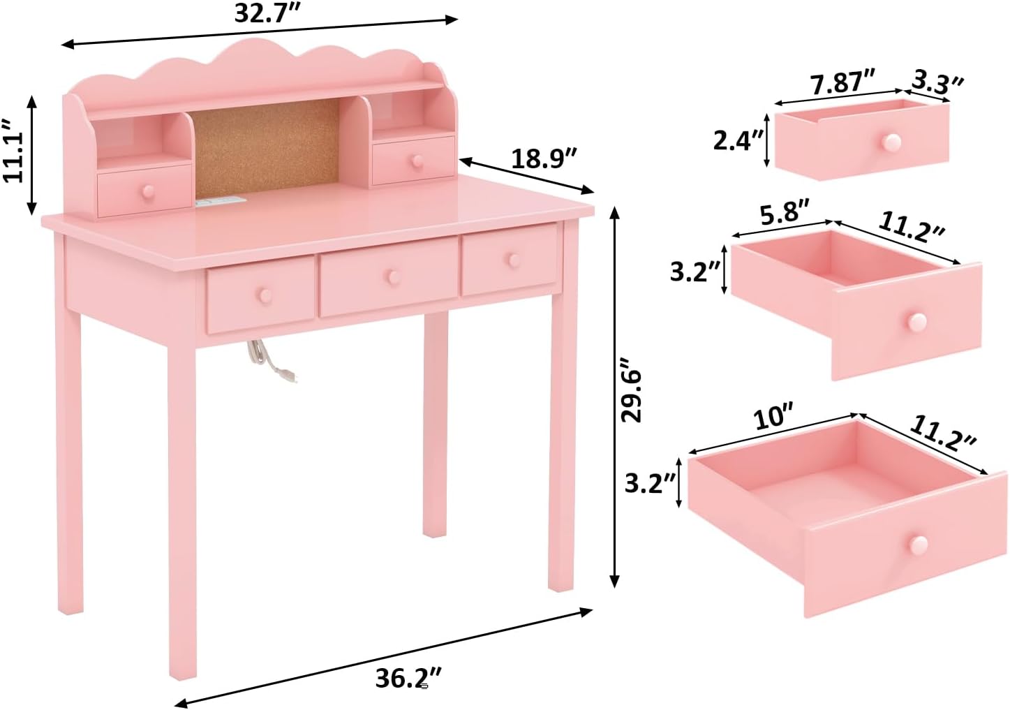 FUNKOCO Pink Writing Desk with Hutch and Drawers, 36 Inch Home Office Desk with Charge Station, Student Desk with Storage Shelf for Teen