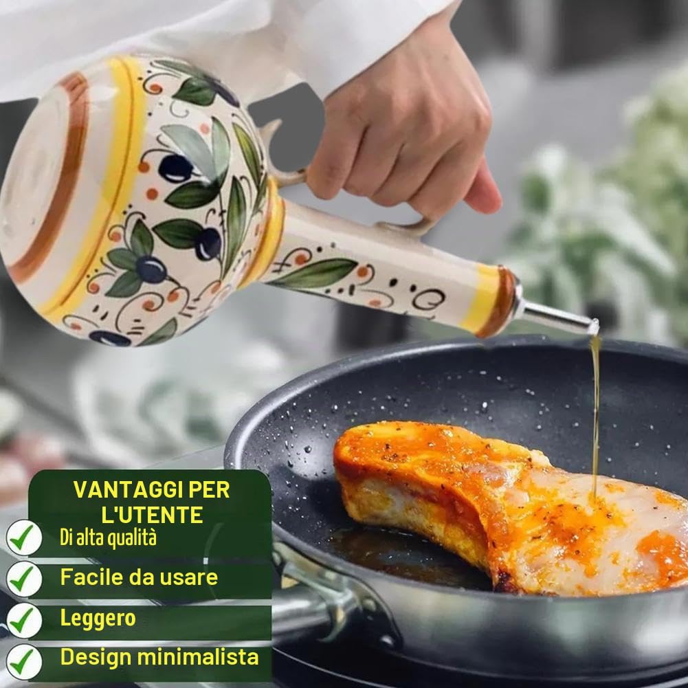 Oliera decorativa in ceramica per olio d'oliva, 500 ml, dipinta a mano, con beccuccio in acciaio inox, per oli, salse, aceto