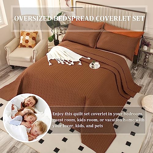 Ofixi Oversized King Plus 128"X120" Quilt Set 3 Pieces Extra Large King Size Bedspreads Lightweight Summer Comforter Reversible Coverlet Bed Cover For All Season, Brown #TOP3
