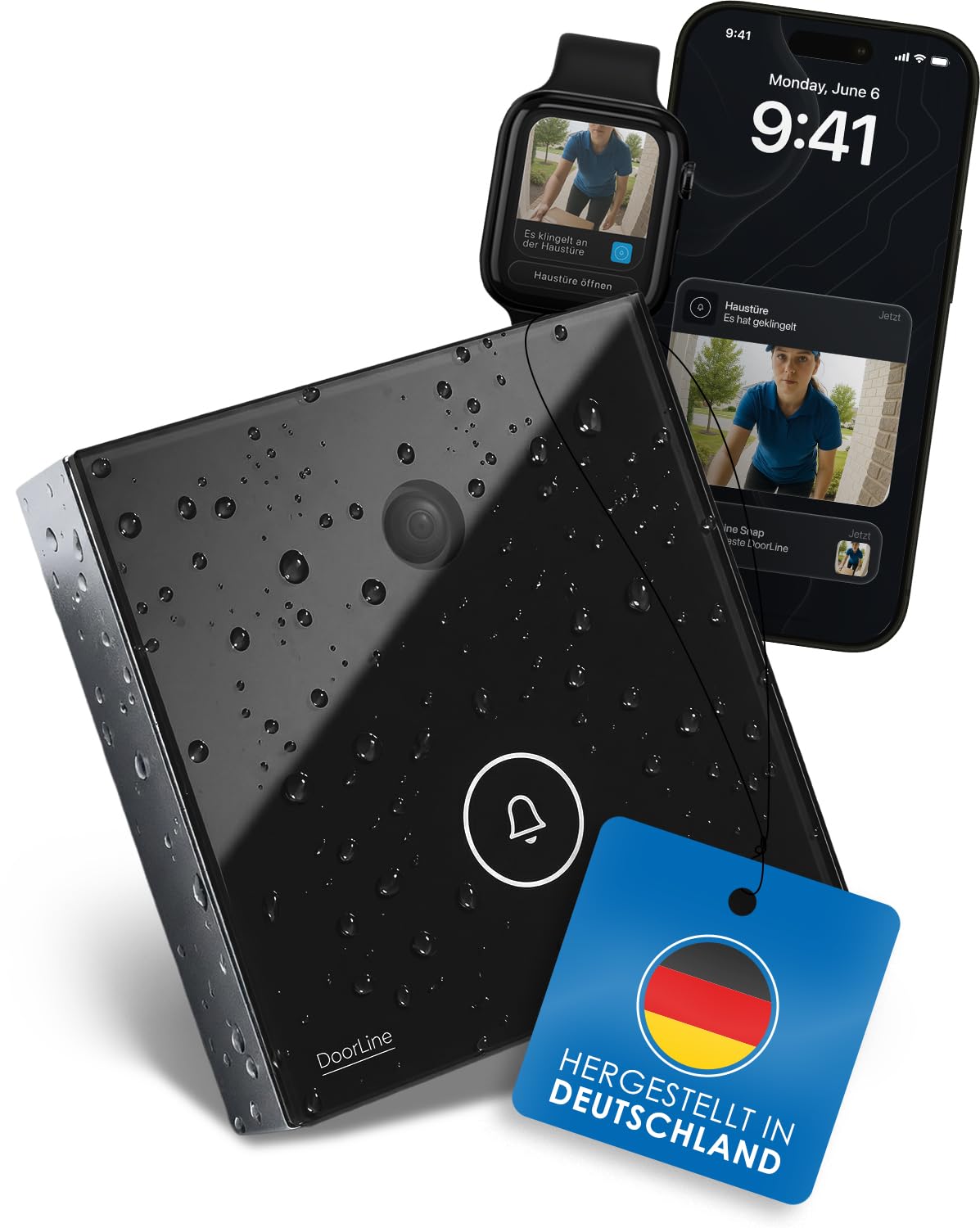 Türklingel mit Bildübertragung ohne Cloud, DoorLine Made in Germany | elegante Glasoberfläche, Schwarz, WLAN-Klingel, perfekt für alle FRITZ!Box Modelle, Smart Home-kompatibel, Snapshotfunktion