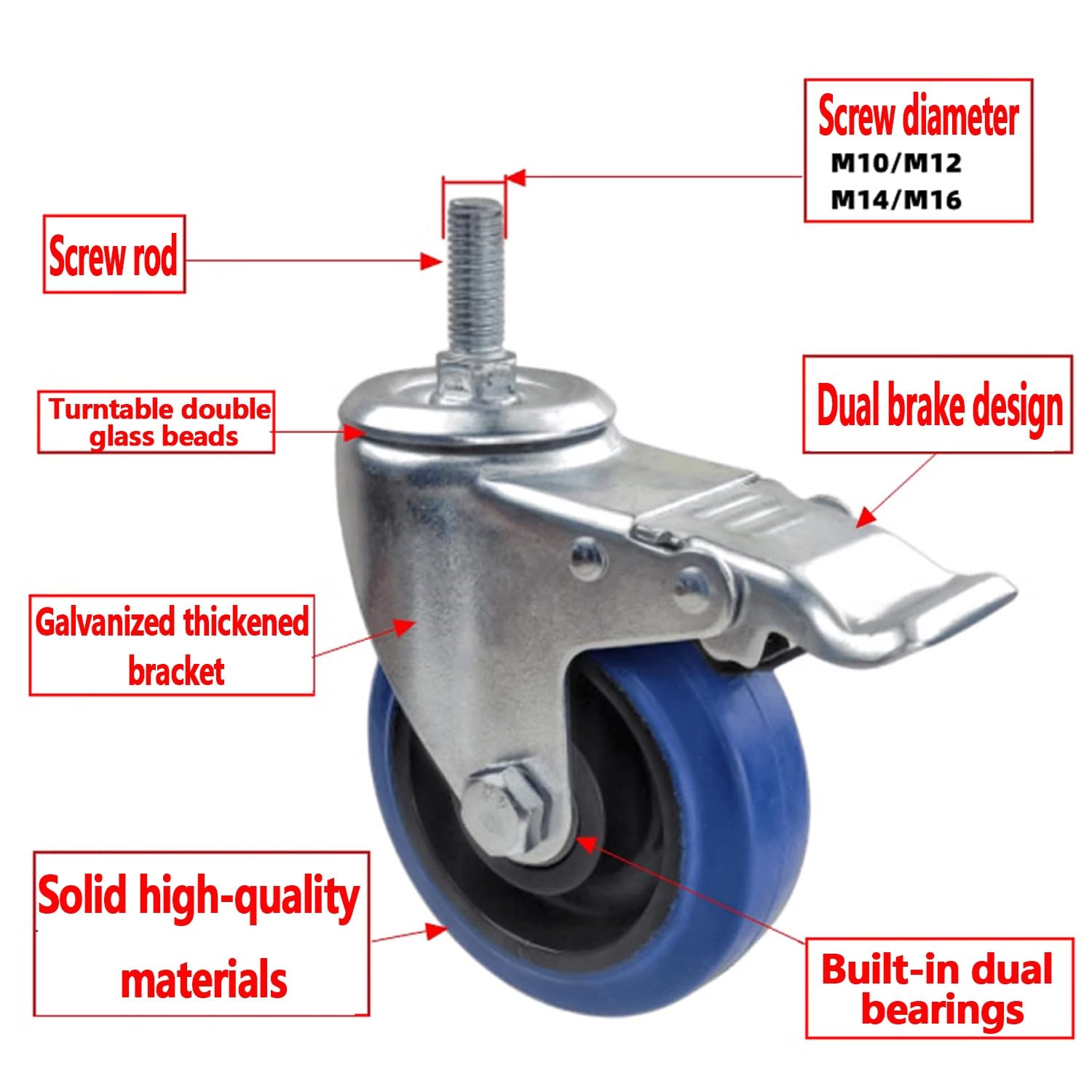 roulettes pivotantes 75/100/125mm avec Frein, Tige Filetée M12 M14 M16 roulettes pour Meubles, roulettes Caoutchouc TPR, 4 Pcs Fileté Swivel Caster Wheel(3inch,M12*30)