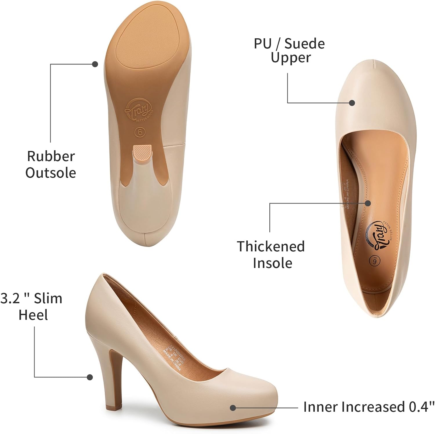 Trary High Heels, Black Heels White Heels Brown Heels Nude Heels Platform Heels, 3.2IN High Heel Closed Round Toe Pumps Dress Office Wedding Shoes for Women - Image 6