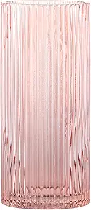 Pink Glass Vase for Flowers Ribbed Glass Vase, Pink Flower Vase, Tall Cylinder Glass Vases for Centerpieces, Living Room, Bedroom, Dining Table, Office, Wedding, Bookshelf Decoration,10 Inches