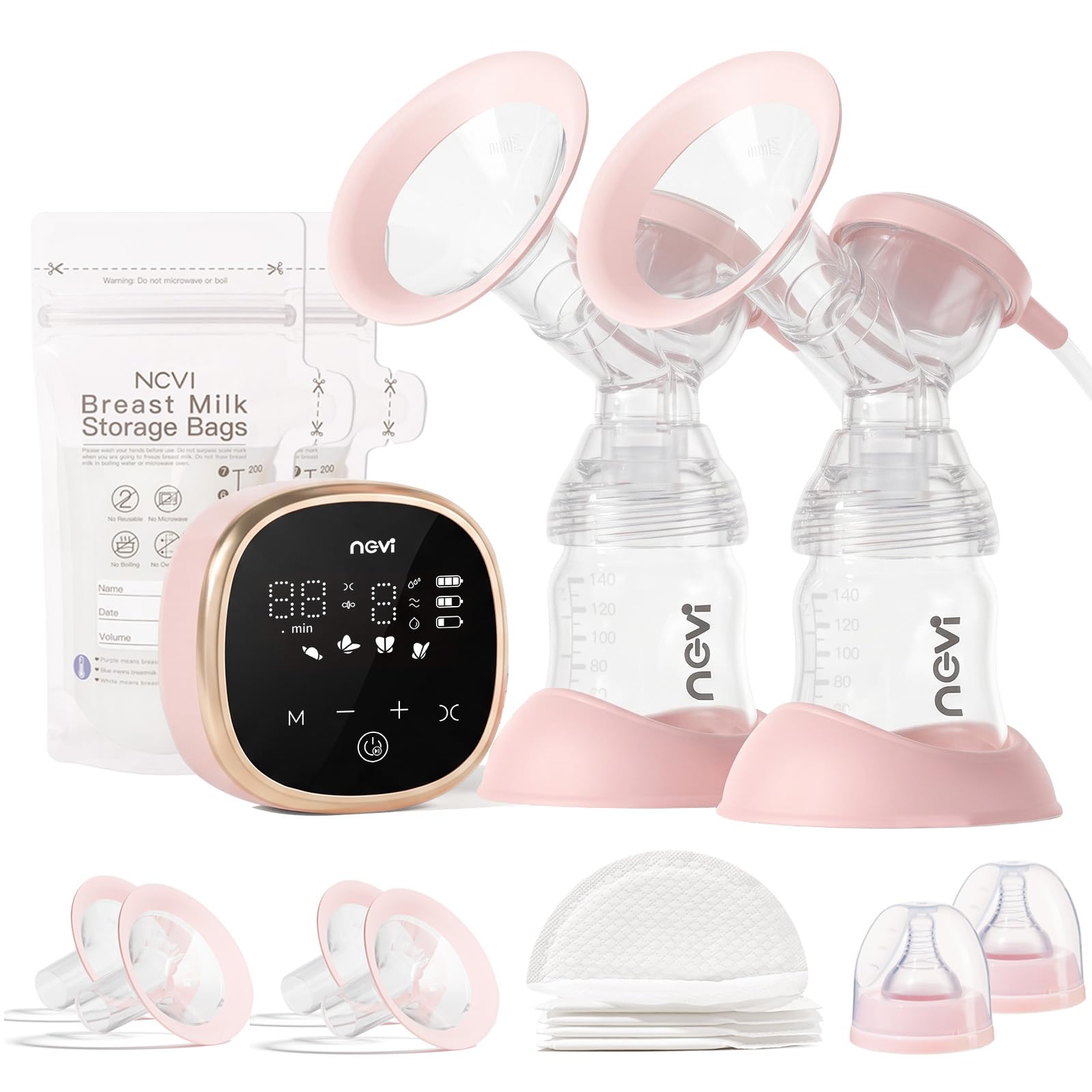 NCVI Tire Lait Électrique Double Ultra-Silencieux et Indolore Rose | Dispositif Anti-Retour Portable, Sans BPA, Aspiration Réglable, Écran Lcd, Faible Niveau Sonore