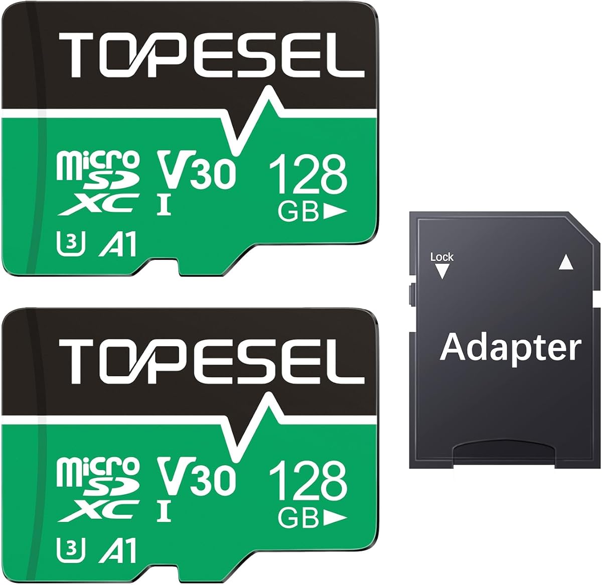 TOPESEL 128GB Micro SD Card 2 Pack with Adapter, High Speed TF Card, Memory Card microSDXC for Camera, Smartphone, Tablet, Dash Cam, Drone, UHS-I, U3, A1, 4K UHD, V30