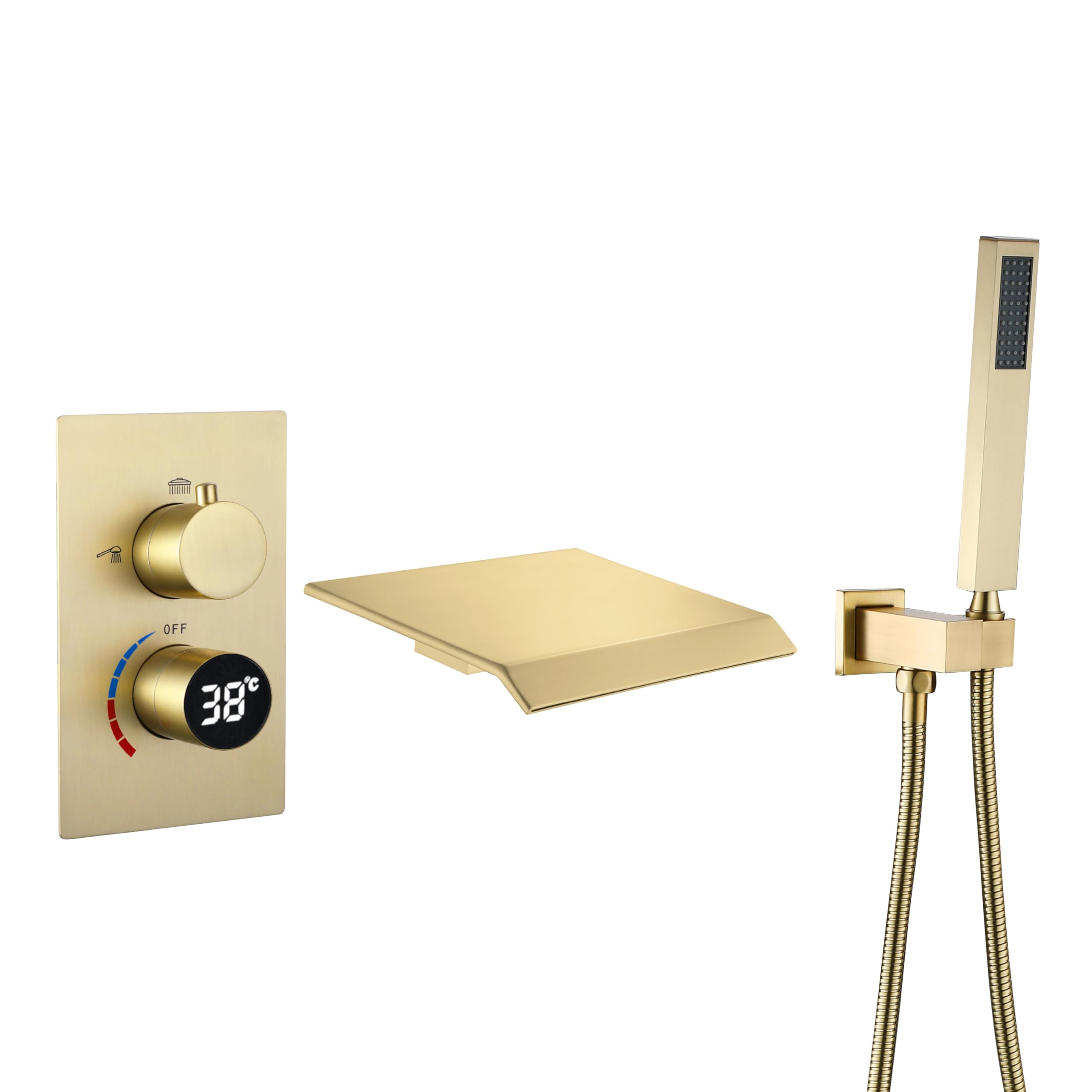 SWENEEN Modern Waterfall Bathtub Faucet With Sprayer Wall Mount Tub Faucet With Thermostatic Control And Handheld Shower Stylish Shower Faucet Set For A Luxurious Bathing Experie,Brushed Gold