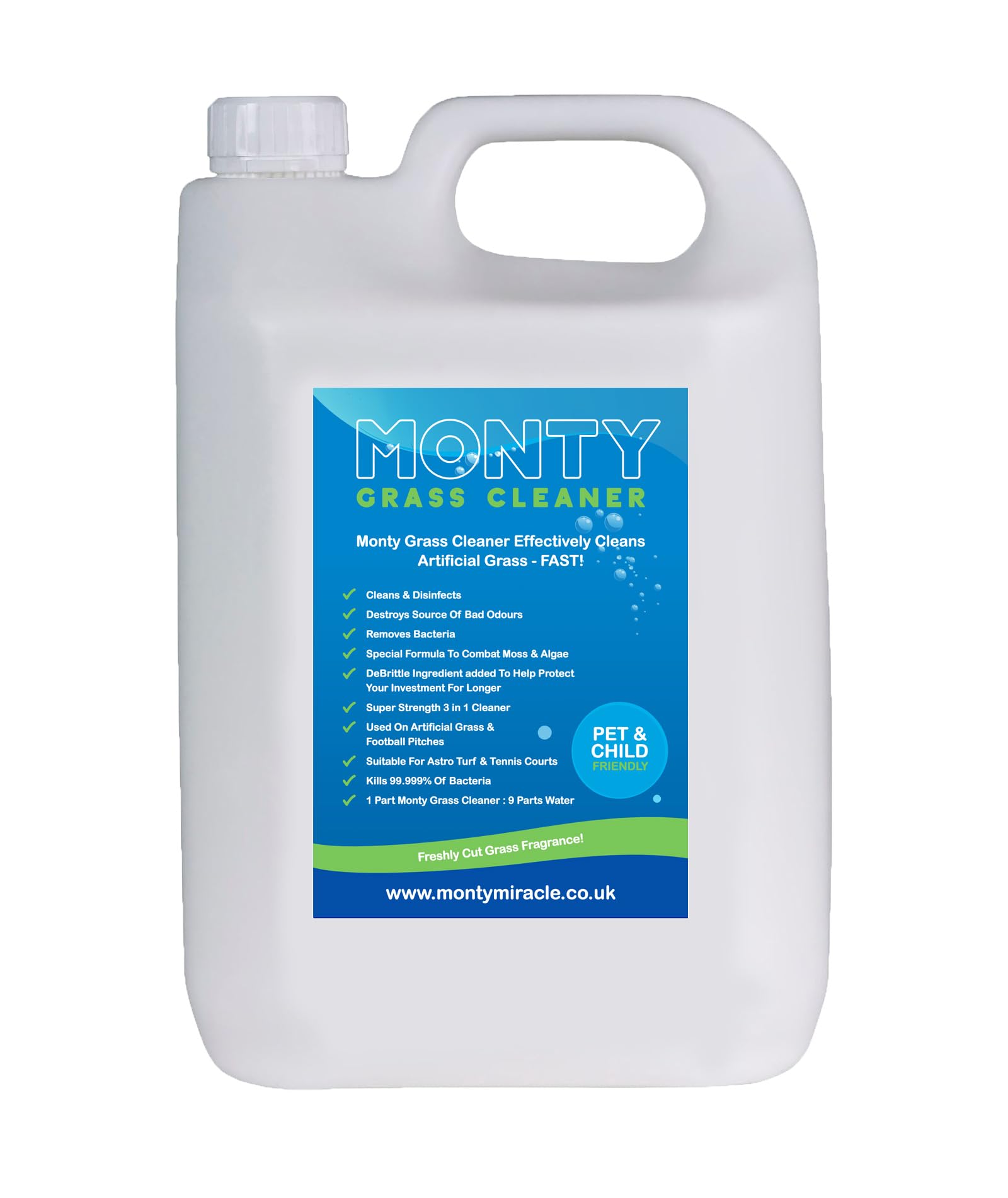 Monty Miracle Artificial Grass Cleaner 5L - Pet Safe Dog Urine Odour Eliminator - Covers 250m² - UV Protection De-Brittle Technology - BS EN 1276 Certified - UK Made Fresh Cut Grass Scent