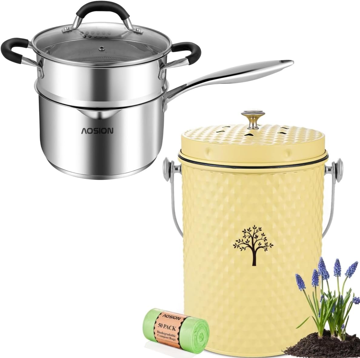 AOSION Countertop Compost Bin Kitchen & 3.5 Quart Stainless Steel Saucepan with Steamer Basket