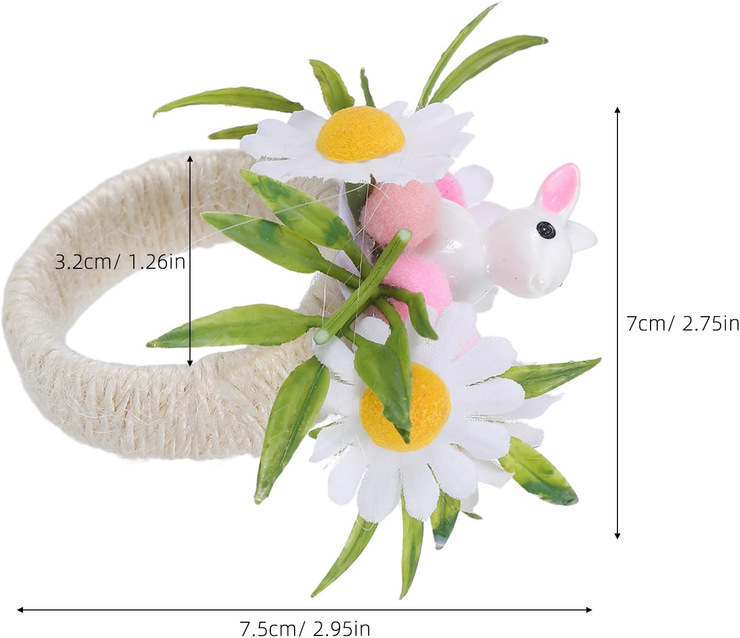 12PCS Easter Bunny Napkin Rings Rustic Jute Rope Holder with Artificial Flower for Spring Banquet Table Party Accessories