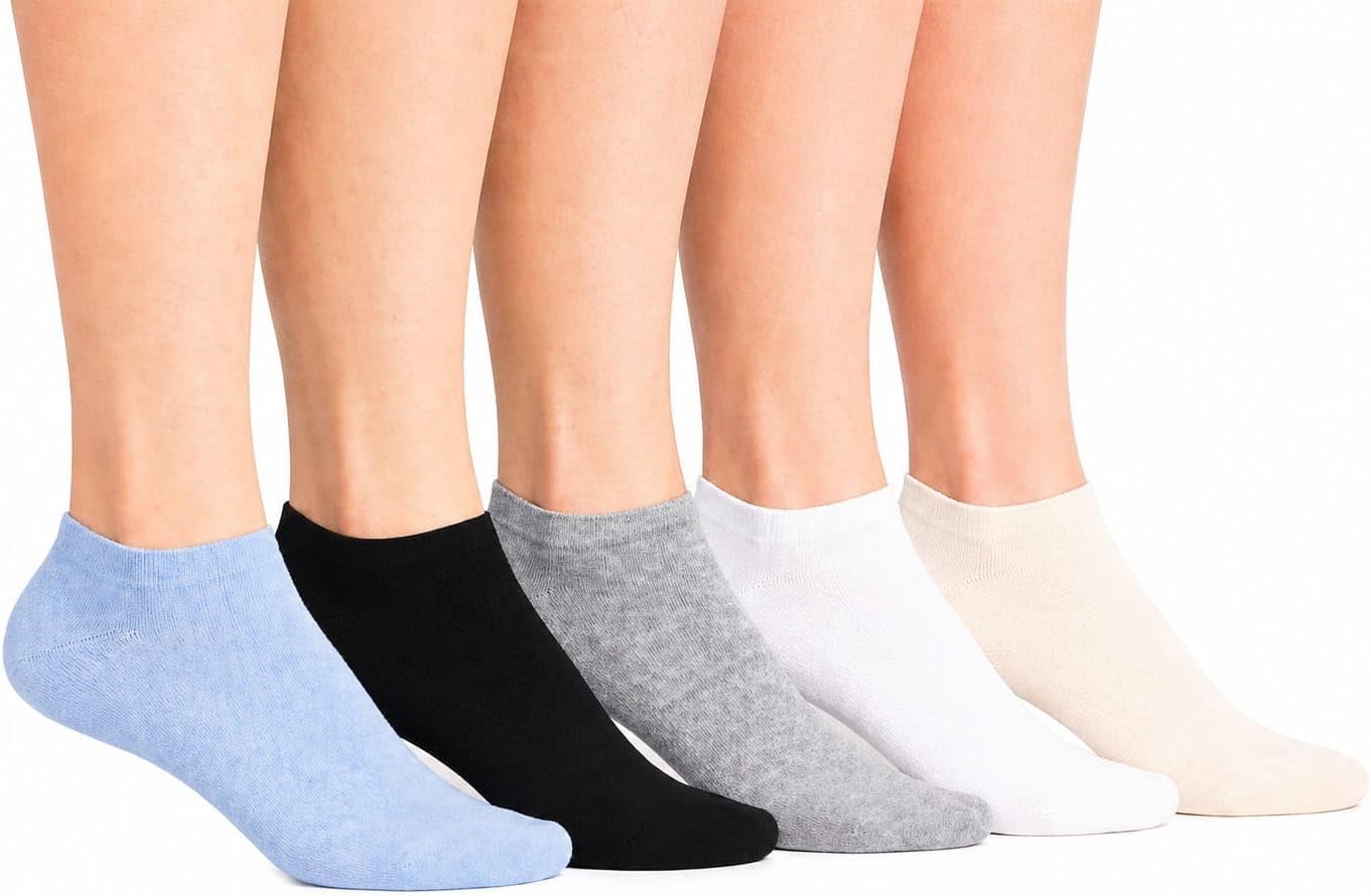 5 Pairs Unisex Ankle Socks for Women and Men, Soft Breathable Cotton Blend Low Cut Socks, 5 Colors Blue, White, Gray, Black, Beige, Everyday Casual Athletic Socks, Fits Women US 5.5-10 Men US 4-8