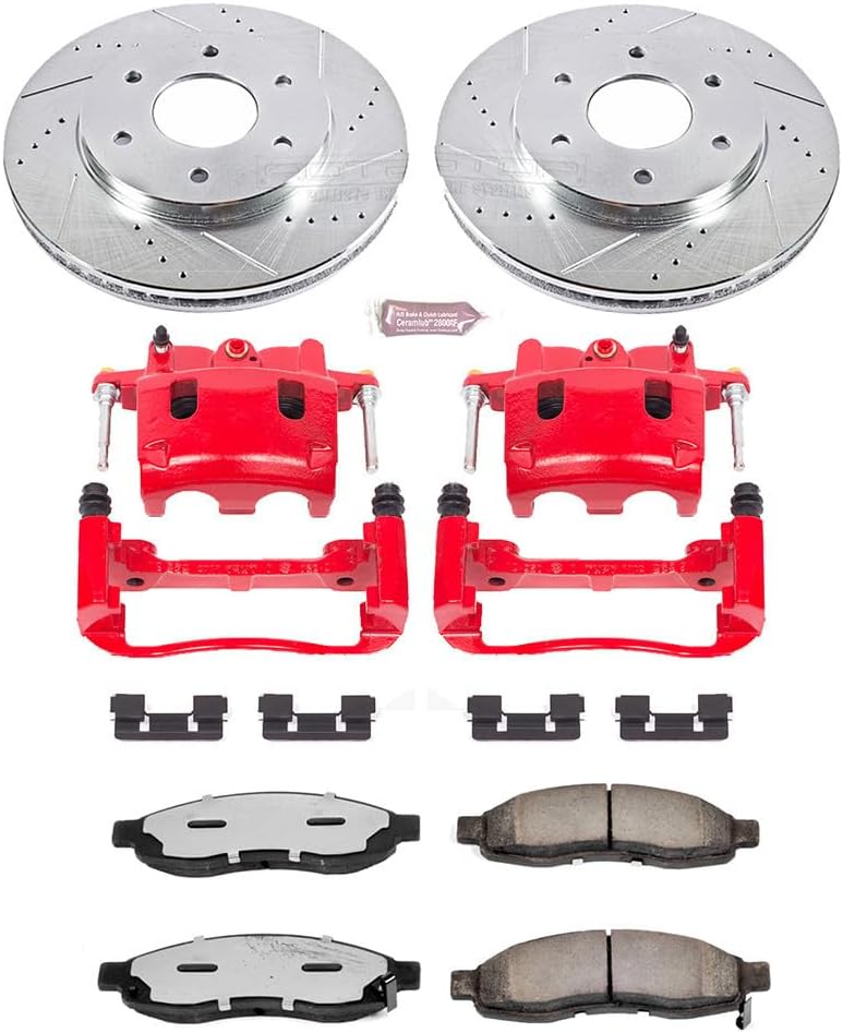 PowerStop Front Brake & Caliper Kit For Nissan Armada 2005 |Pathfinder Armada 2004 |TITAN 2004-05 - Drilled and Slotted Truck & Tow Disc Rotors with Ceramic Brake Pads Upgrade, KC2442-36