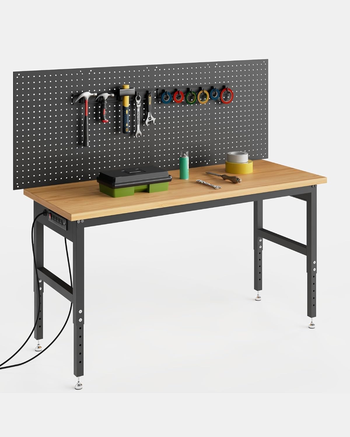 Work Table for Garage, 60" Heavy Duty Adjustable Workbench with Pegboard, 2000 LBS Capacity, 28-40" Height, Power Outlets, Wood Work Table for Cutting Wood Shop Woodworking Home Office
