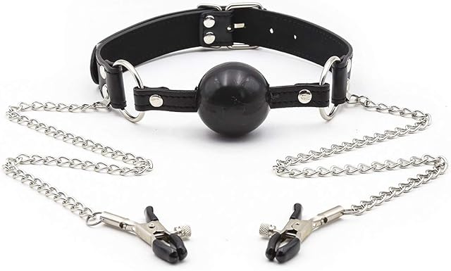 Open Mouth Ball Mouth Plug Faux Leather Metal Chain Buckle Halloween Costume Accessories (Black)
