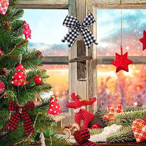 Miniatura 4 de Boao 2 rollos de cinta de Navidad a cuadros de búfalo para envolver Navidad, borde con alambre, cinta de arpillera, decoración de árbol de Navidad