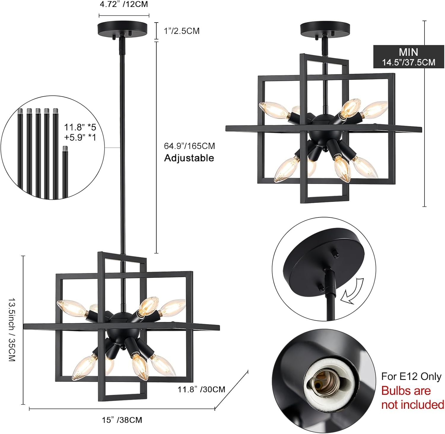 Modern Small Black Chandelier, 8-Light Farmhouse Geometric Pendant Lighting Fixtures, Industrial Lantern Hanging Chandelier for Kitchen, Dining Room, Foyer, Entryway