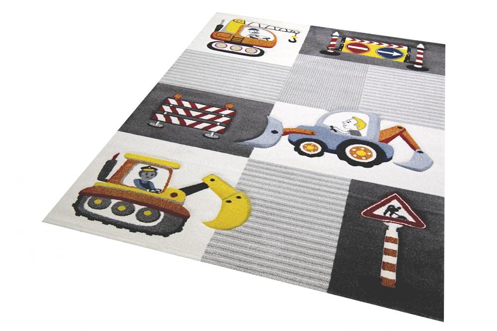 CARPETIA Teppich Kinderzimmer Baustelle schilder Bagger Kran Creme grau gelb Größe 200 x 290 cm