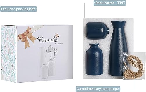 Miniatura 4 de CEMABT Juego de 3 jarrones de cerámica azul para decoración, decoración rústica moderna del hogar, jarrones decorativos para hierba de las pampas,