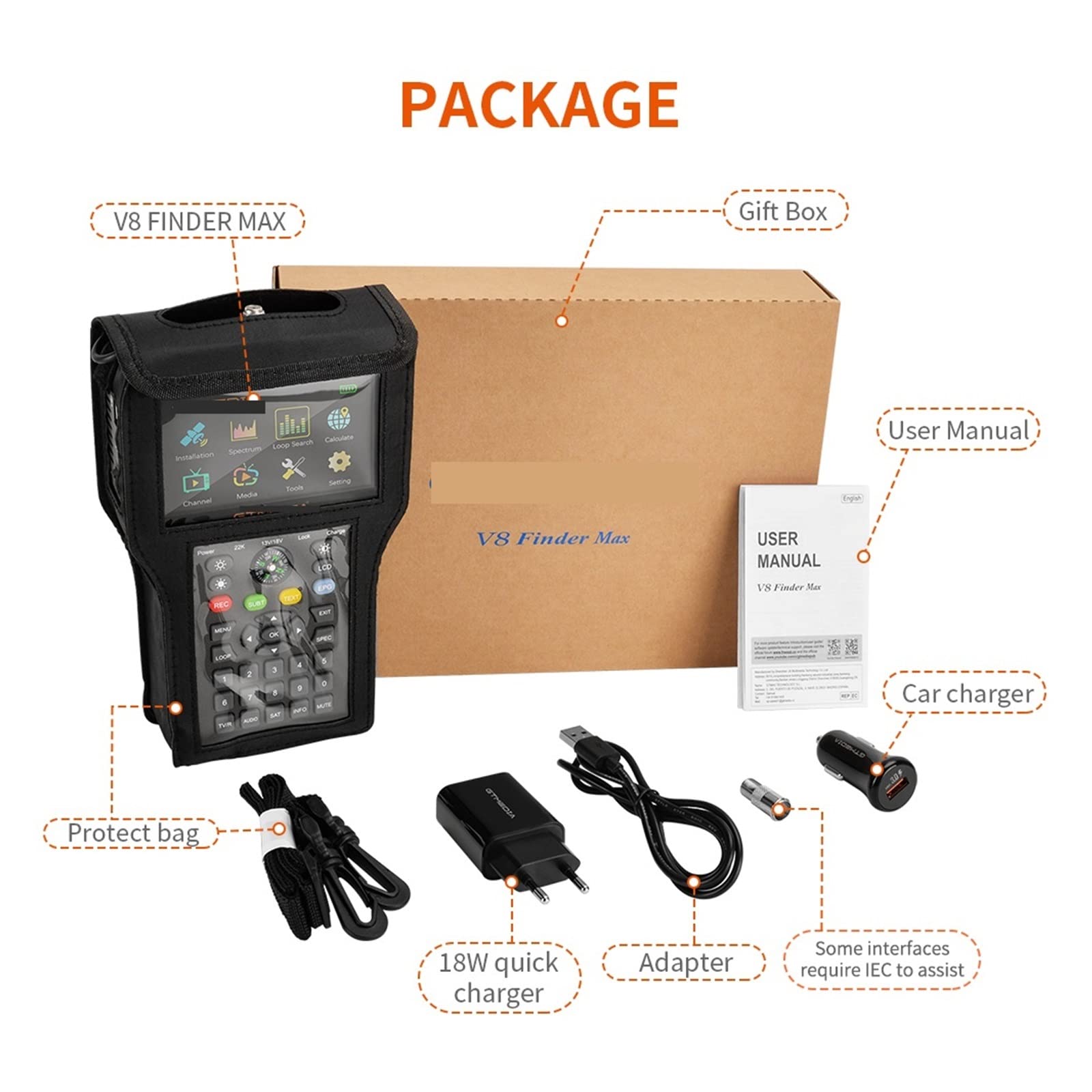 Recherche de Signal Satellite numérique, V8 Finder Max Détecteur de Signal Satellite DVB-S/S2/S2X H.264/H.265 (8 Bits) Localisateur de Satellite 4,3 Pouces HD Récepteur de signaux