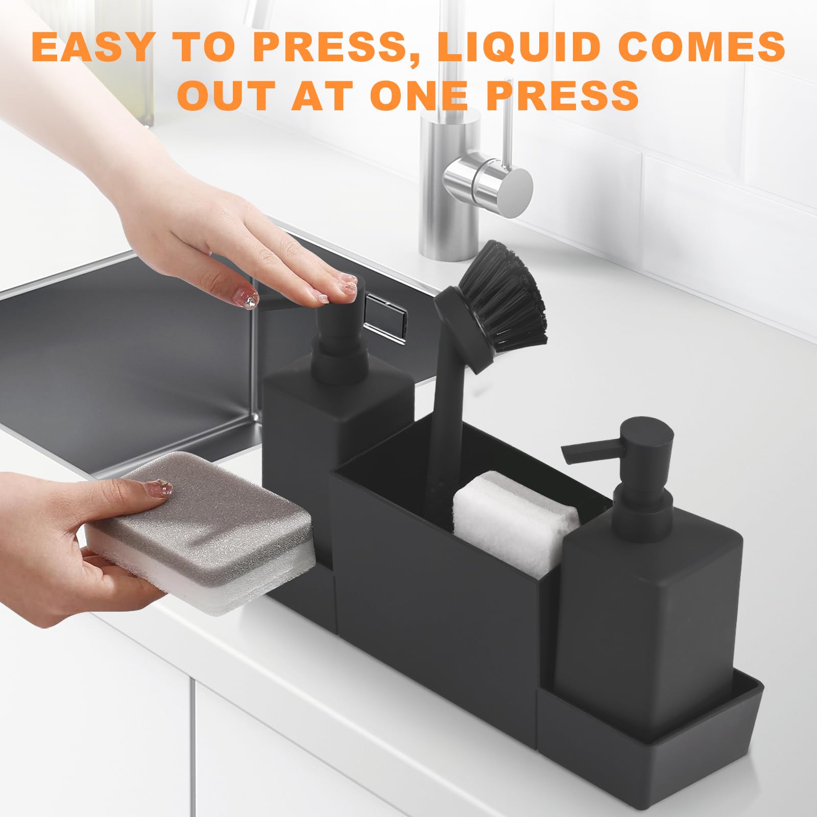 Dispenser Di Sapone Da Cucina, Porta Spugne Con Dosatore, Set Bagno Porta Sapone e Spazzolini,Con Spugna e Spazzola, Per Box Lavello,Cucina,Bagno (Nero)