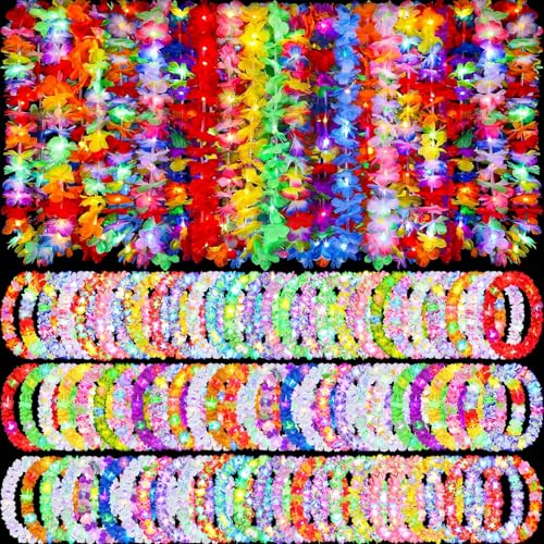 Sherr 200 Pcs LED Hawaiian Leis Bulk Light up Flower Leis Necklace Flower with LED Lights for Masquerade Luau Beach Wedding Tropical Themed Carnival Graduation Party