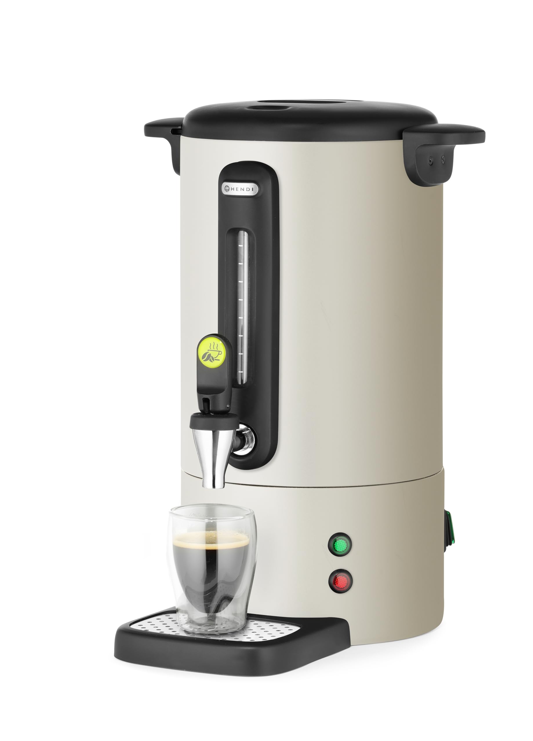HENDI Percolateur à café 7L UNIQ, cafetière à percolation avec paroi simple et robinet anti-gouttes, filtre intégré, 230V, 50/60Hz, 1050W, 307x330x(H) 450mm, blanc cassé, Inox, PP