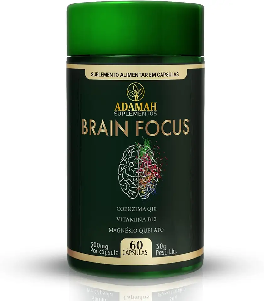 Brain Focus Adamah - Nootrópico para Memória e Concentração - Com Fosfatidilserina, L-Tirosina, Coenzima Q10, Magnésio Quelato e Cafeína - 60 Cápsulas