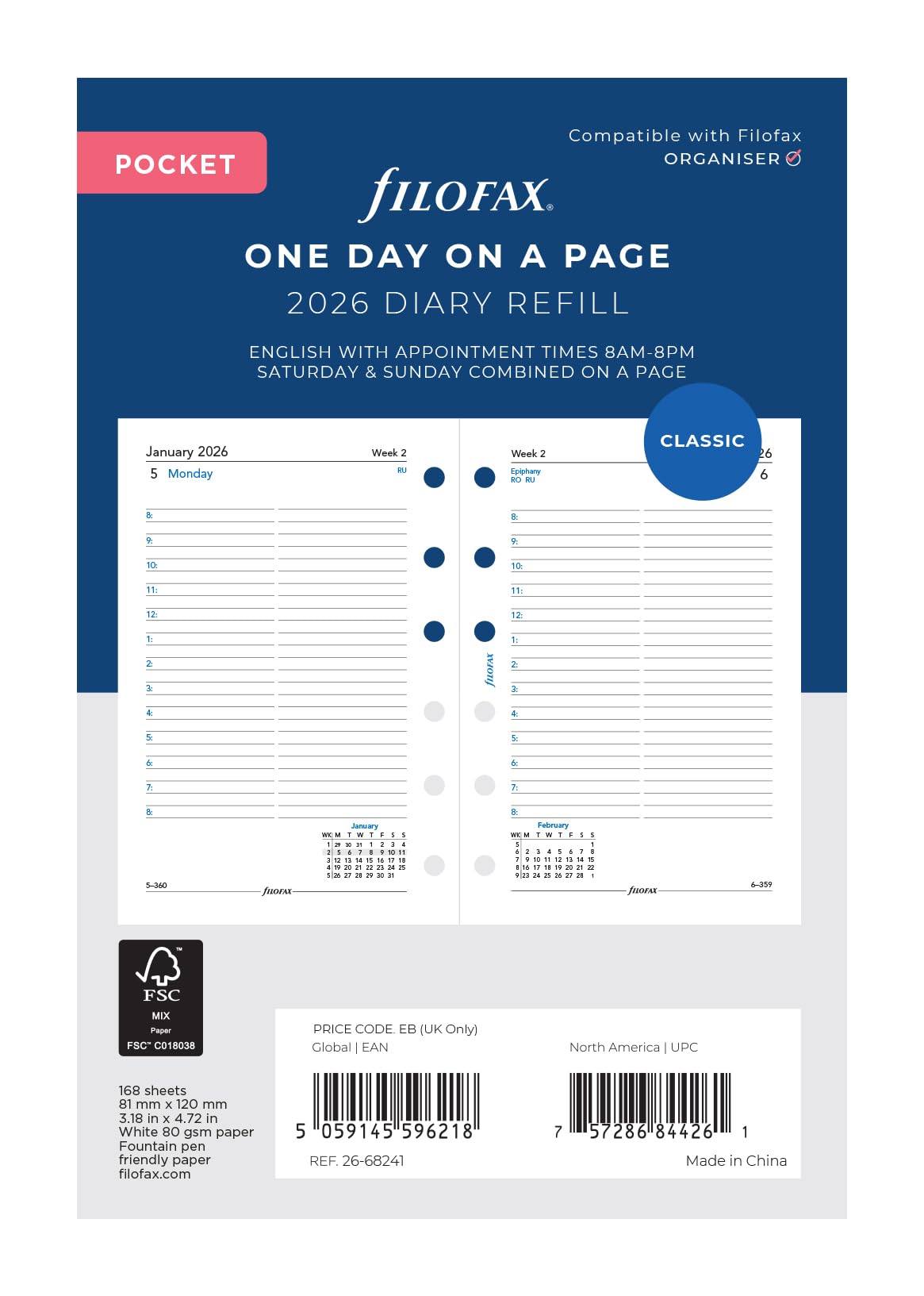 Filofax Pocket day per page English appointments 2026 diary 26-68241