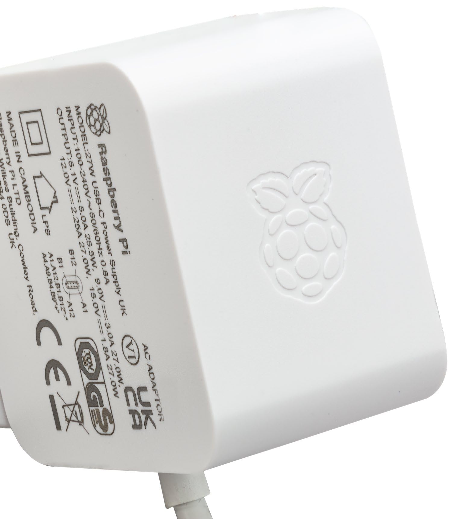 Fuente de alimentación Oficial Raspberry Pi 5 USB-C de 27 W, Fuente de alimentación USB-C, Color Blanco