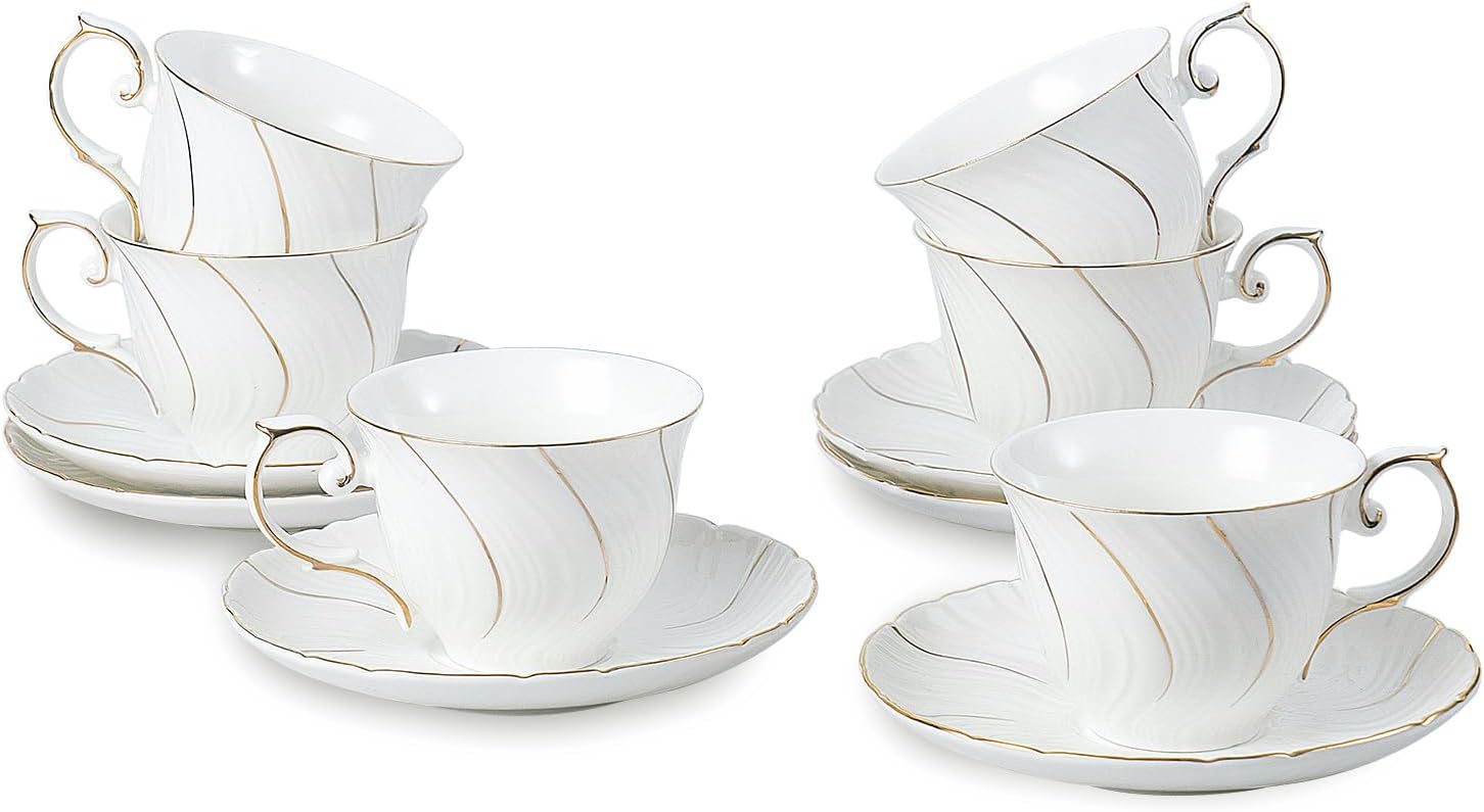 Agyiuns Tea Cups Set Of 6, Tea Cup And Saucer Set,6oz for Tea,Coffee, Latte, Cafe Mocha, Porcelain Tea Party Set (White with gold thread set of 6)