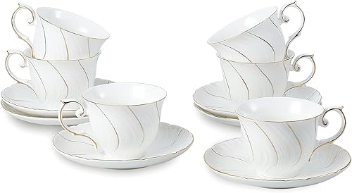 Juego de 6 tazas de té, taza de té y platillo, 6 onzas para té, café, latte, café moca, juego de fiesta de té de porcelana (blanco con hilo dorado,