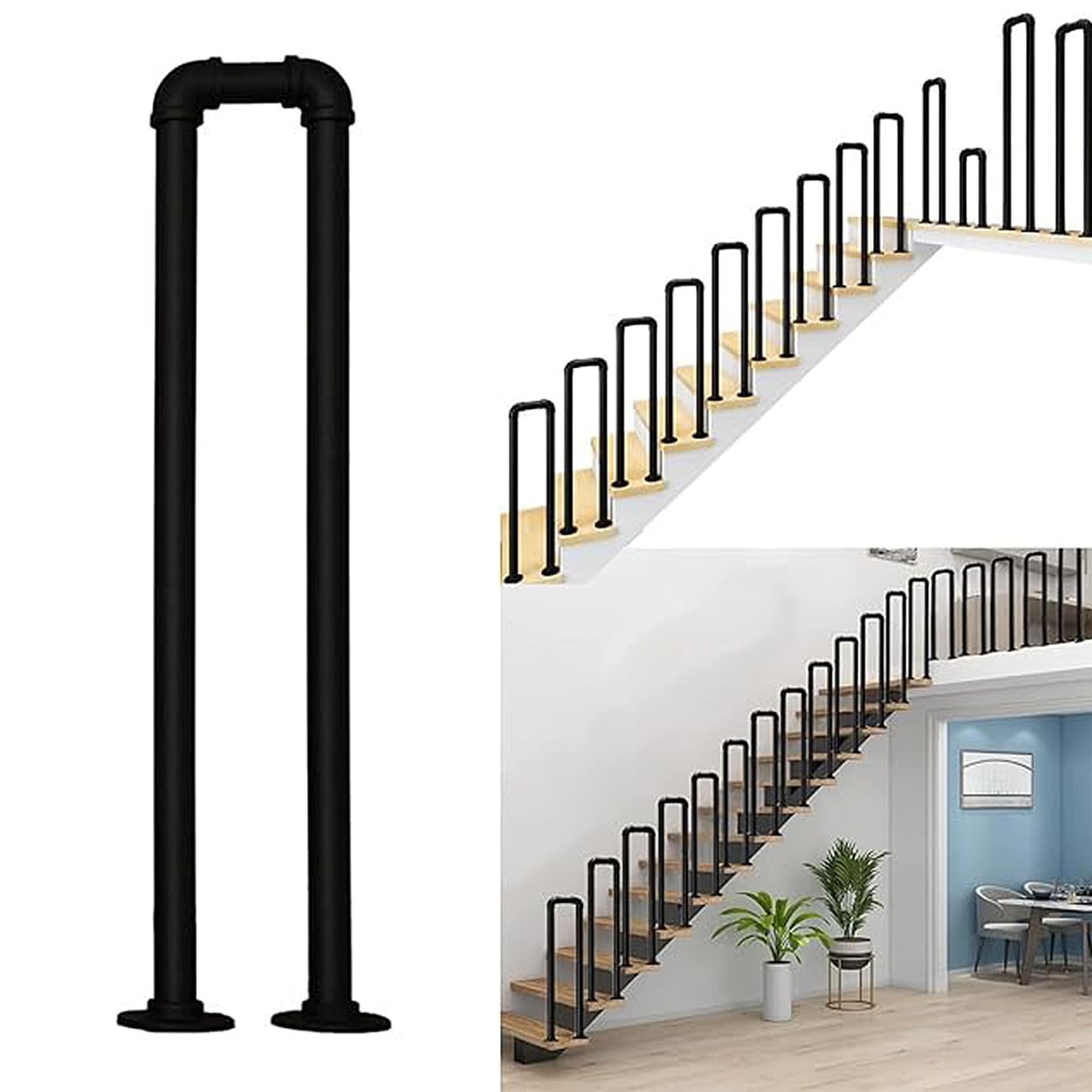 LQSYBHD Handrail for Outside Steps, Wrought Iron U Shaped Industrial Galvanized Steel Pipe Banister Hand Railing for Outdoor Steps Loft Corridor Safety Non-Slip Support Railing(Size:95cm/3.1ft)