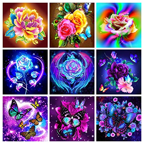 SupLetsico Diamond Painting Erwachsene Set, 9 Stück 5D Diamond Painting Bilder Blumen Full Drill Crystal Set, für Hauswand Dekoration (Blumen & Schmetterling, 30 x 30 cm)