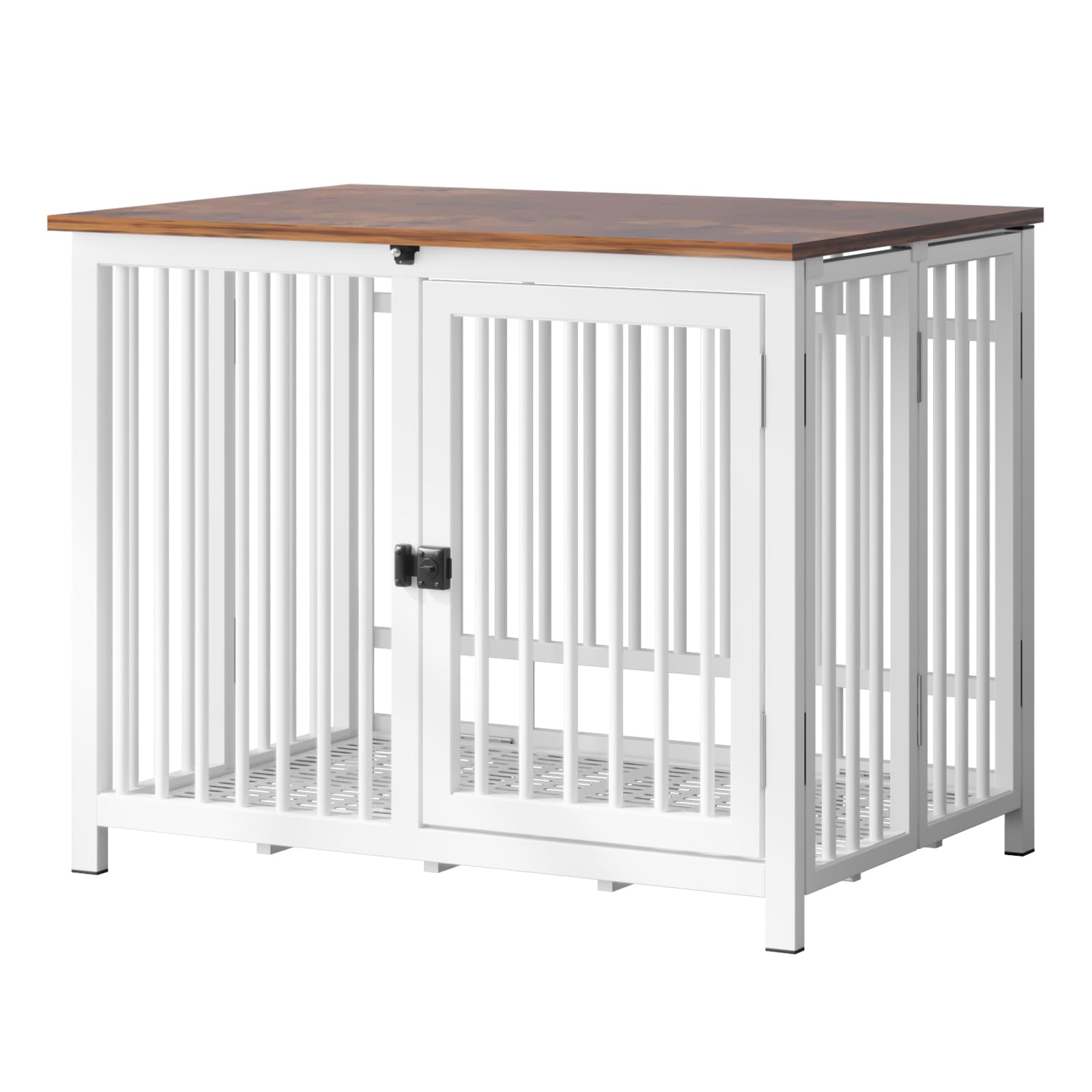 Heavy Duty Dog Crate Furniture, Fully Assembled exc. Locks, All Metal Frame & Wooden Tabletop, Modern Kennel for Small/Medium Dog, End Table, Sturdy, Foldable, White/Rustic Brown