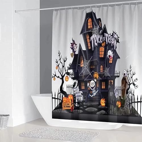 Miniatura 4 de Cortina de ducha impermeable de calabaza de Halloween, con alfombras antideslizantes, cubierta de tapa de inodoro y alfombrilla de baño, juego de