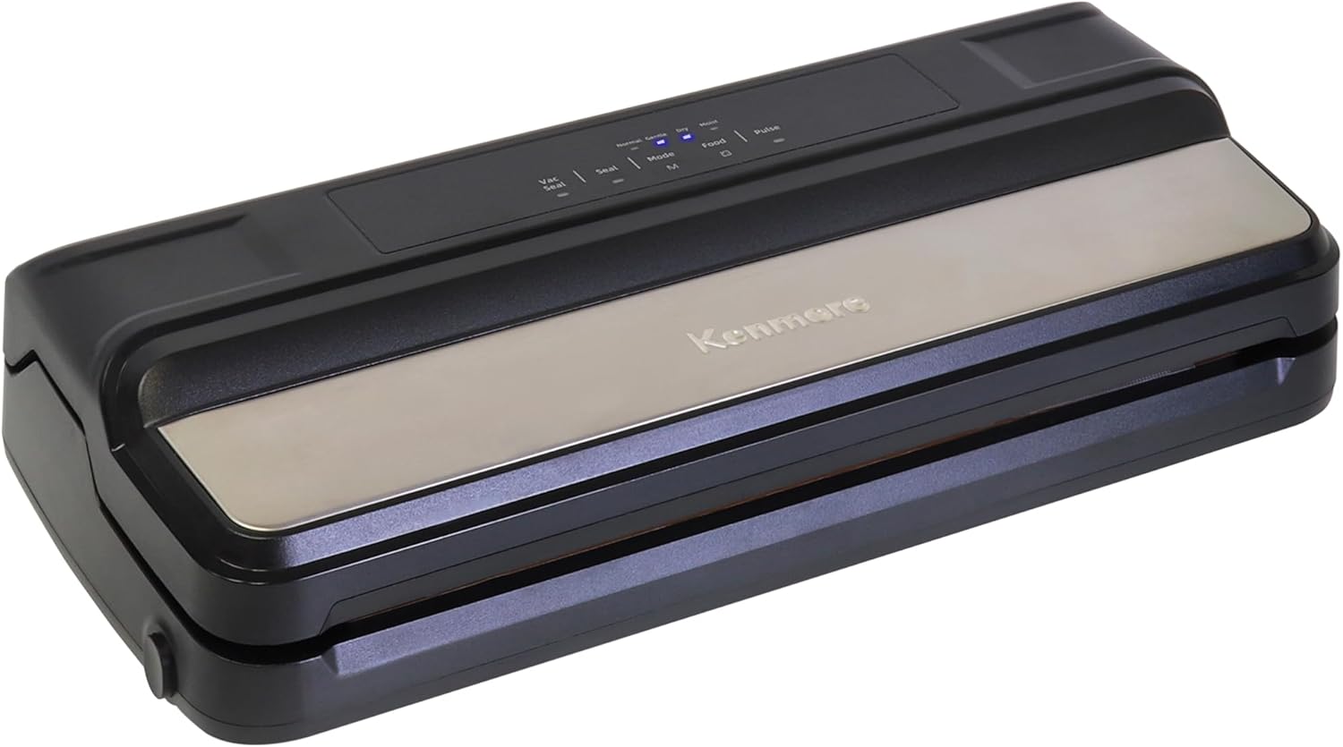 Top-down view of the Kenmore Vacuum Sealer Machine, showing its sleek black and stainless steel design.