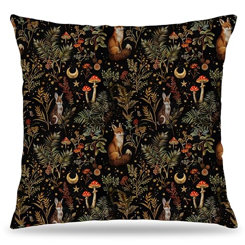 LUKIPOM Witchy Forest Woodland Animals Pillow Covers 18x18, Dark Cottagecore Decor, Gothic Fox Mushroom Pillow Covers for Couch Bed, Witchy Room Decor, Cottagecore Room Decor