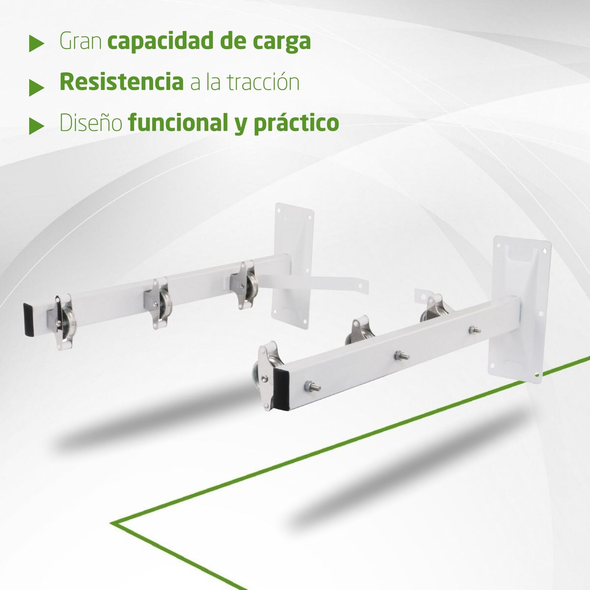 Amig - Tendedero Lateral de Pared Mod. 3 - Tenderete 2 Brazos con 6 poleas de Acero INOX - para 3 Cuerdas - Acero con Pintura epoxy - Uso Exterior - 450 mm - con Accesorios de fijación - Color Blanco