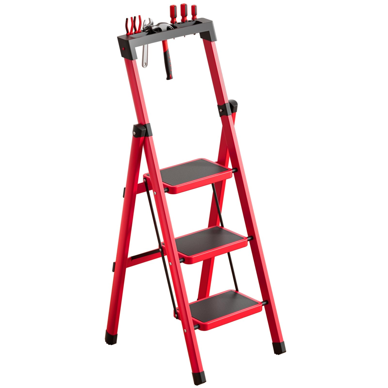 3 Step Ladder, Portable Steel Folding Stool with Tool Platform, Wide Anti-Slip Pedal and Anti-Slip Feet for Household, Office, Iron Construction 150kg Capacity Step Ladder Red