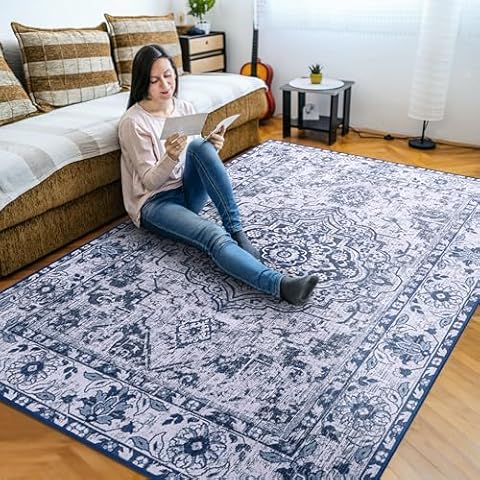 ST. BRIDGE Soft Area Rug 4x6, Washable Vintage Rug for Bedroom Living Room, Non-Slip Low Pile Colorful Accent Rug, Indoor Floor Carpet for Dining Room Office Playroom Nursery Home Decor, Blue/White Cover