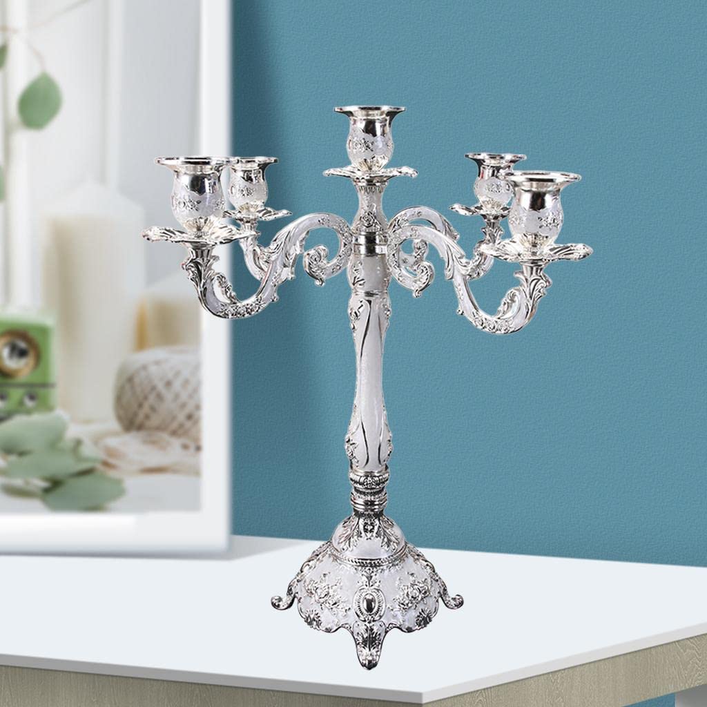 Candeliere a Colonna in Metallo, Elegante Regalo di Nozze, Raffinata Decorazione da Tavola in Stile Europeo, Portacandele a 3/5 Teste, Regalo per L, 5 Braccia Argento